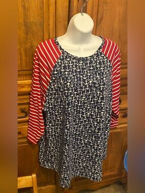 LuLaRoe Randy 2X Nautical Americana 4th of July Anchor & Stripes Raglan Tee